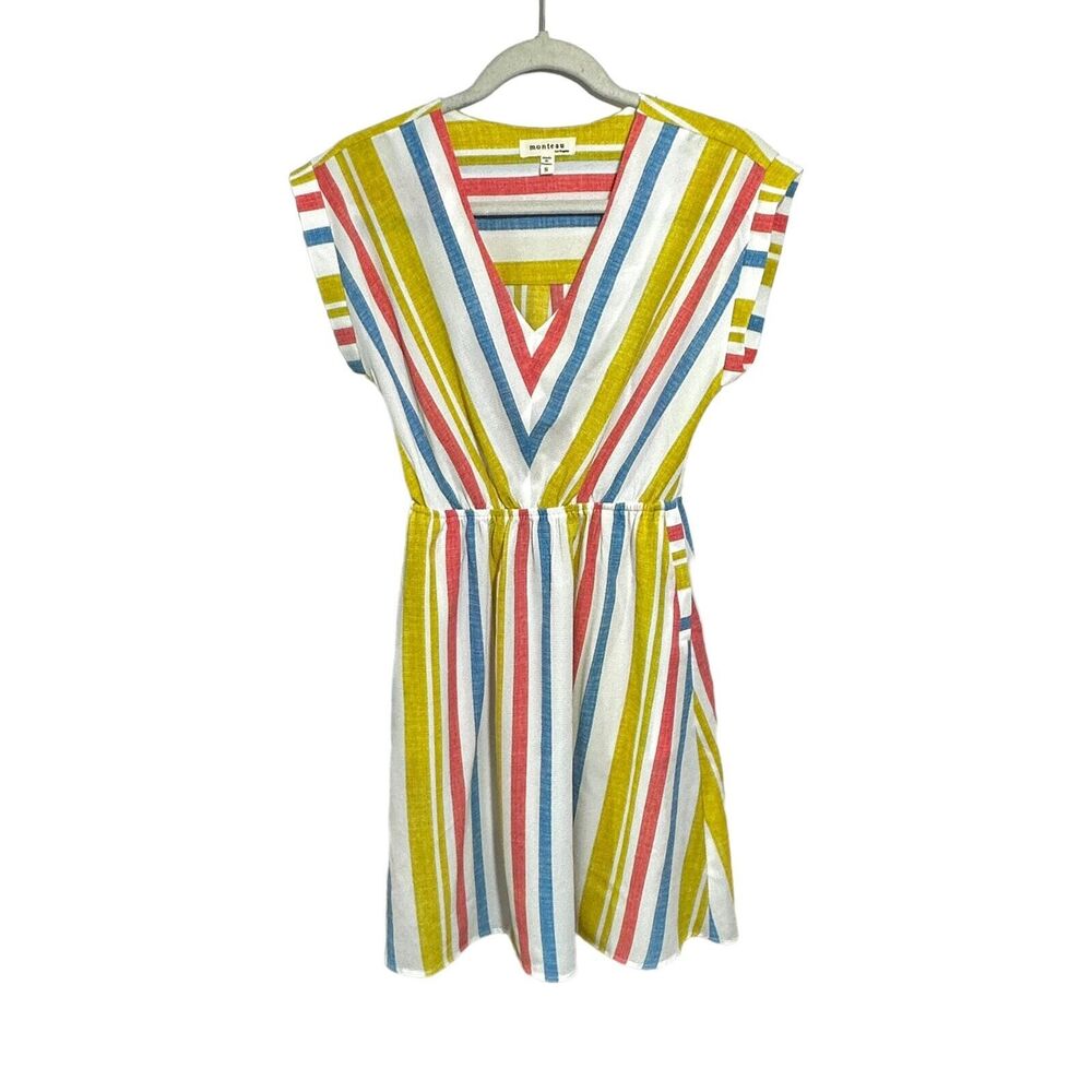 Monteau Los Angeles Women’s Size S Striped Dress Side Pockets Cap Sleeve V Neck